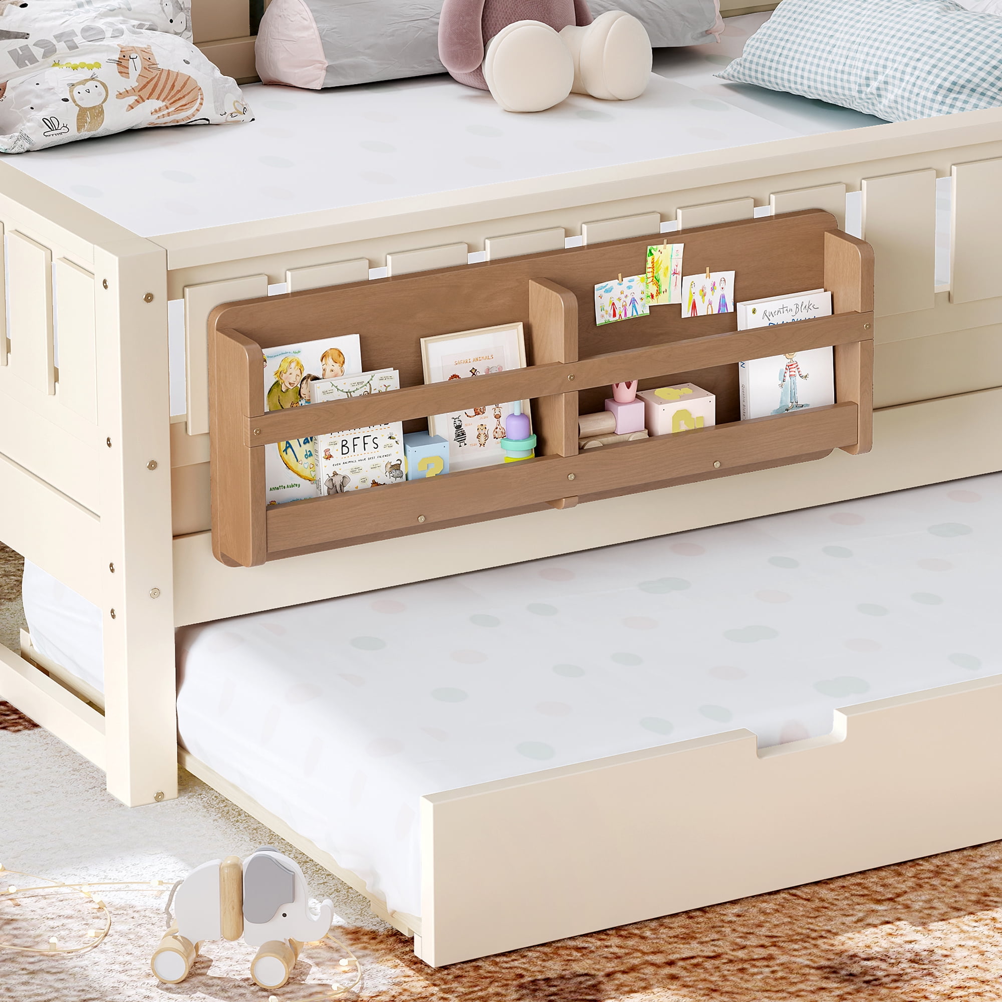 Queen Bed with Bookshelf and Trundle 83.8 Inch, Solid Wood Frame with Staircase and Safety Rails, Space-Saving Kids Bed with Storage, Beige