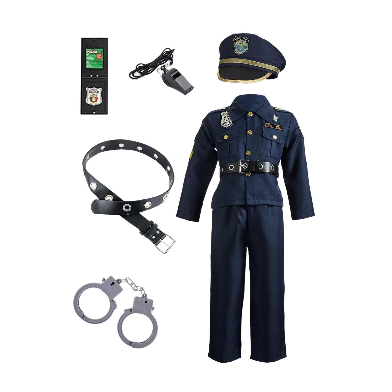 XFHLMJFF Carnival Toddler Police Officer Dress Up Outfit for Boys Kids Cop Outfit for Party Show Performance 1Pc Top+1Pc Pants+1Pc Hat+1Pc Whistle+1Pc Id+1Pc Belt+1Pc Hands 7Pcs Set 5-7Y