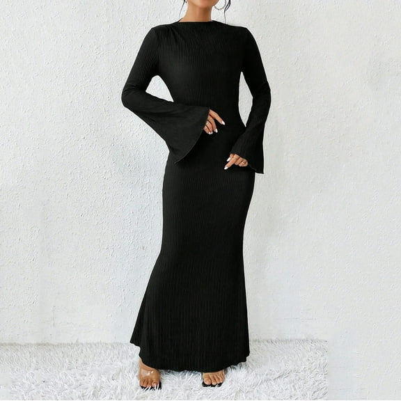 Blczomt Long Sleeve Women's Dresses Elegant Plain Black Maxi Evening Gowns Dressy Formal Crew Neck Dresses