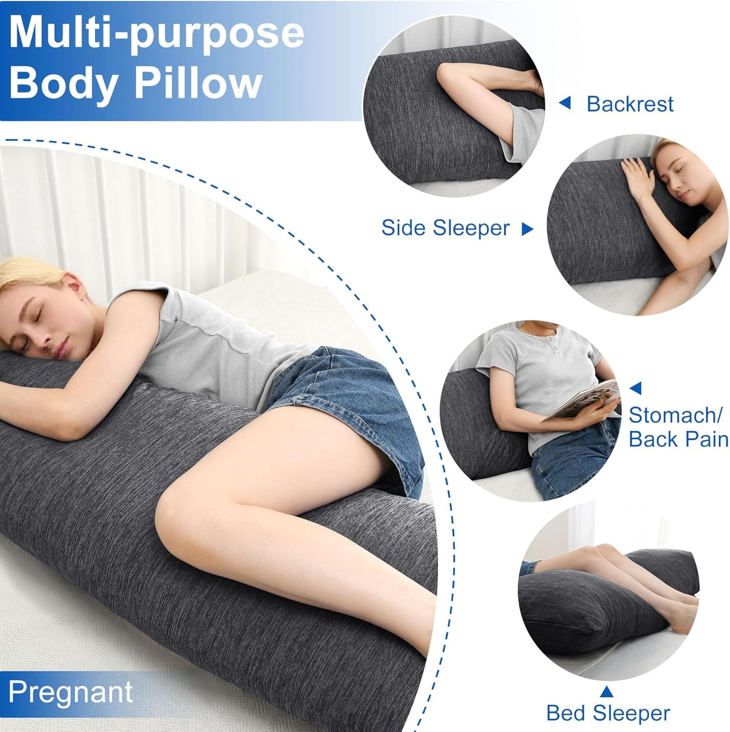XWZO Cooling Body Pillow for Side Back and Stomach Sleepers - Shredded Memory Foam Bed Pillow with Removable & Adjustable Filling, Set of 1, 20 x 54 Inches, Grey