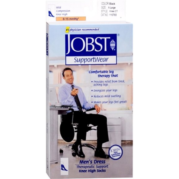 JOBST SupportWear Socks Men's Dress Knee High Mild Compression 8-15mmHg Black X-Large Close-Toe 1 Pair