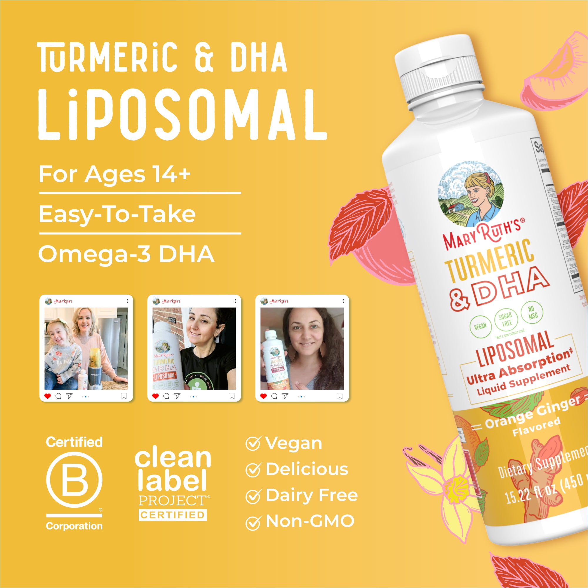 (2 pack) MaryRuth's Curcumin and DHA Liposomal Herbal Supplement Mood Balance Joint Support Vegan Sweet Ginger Heart Health, Ages 14+, Unisex, 15.22 fl oz