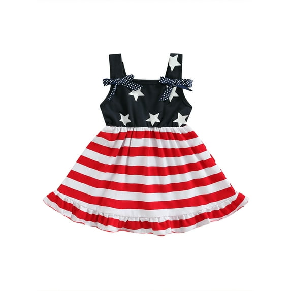 Chollius Toddler Baby Girls 4th of July Dress Star Stripe Print Sleeveless Ruffle Bow-Knot Decor Dress Independence Day Clothes