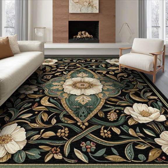 ODIKA 8'x10' Washable Area Rug Non-Slip Chair-Friendly Mat Snake Floral Boho Medallion Design With Vintage Vine Accents for Dining Room, Large Office, Lounge