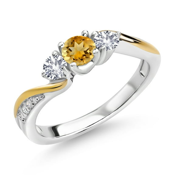 Gem Stone King 925 Silver and 10K Yellow Gold Yellow Citrine White Created Sapphire and White Lab Grown Diamond 3 Stone Engagement Ring for Women (0.54 Cttw, November Birthstone, Size 8)
