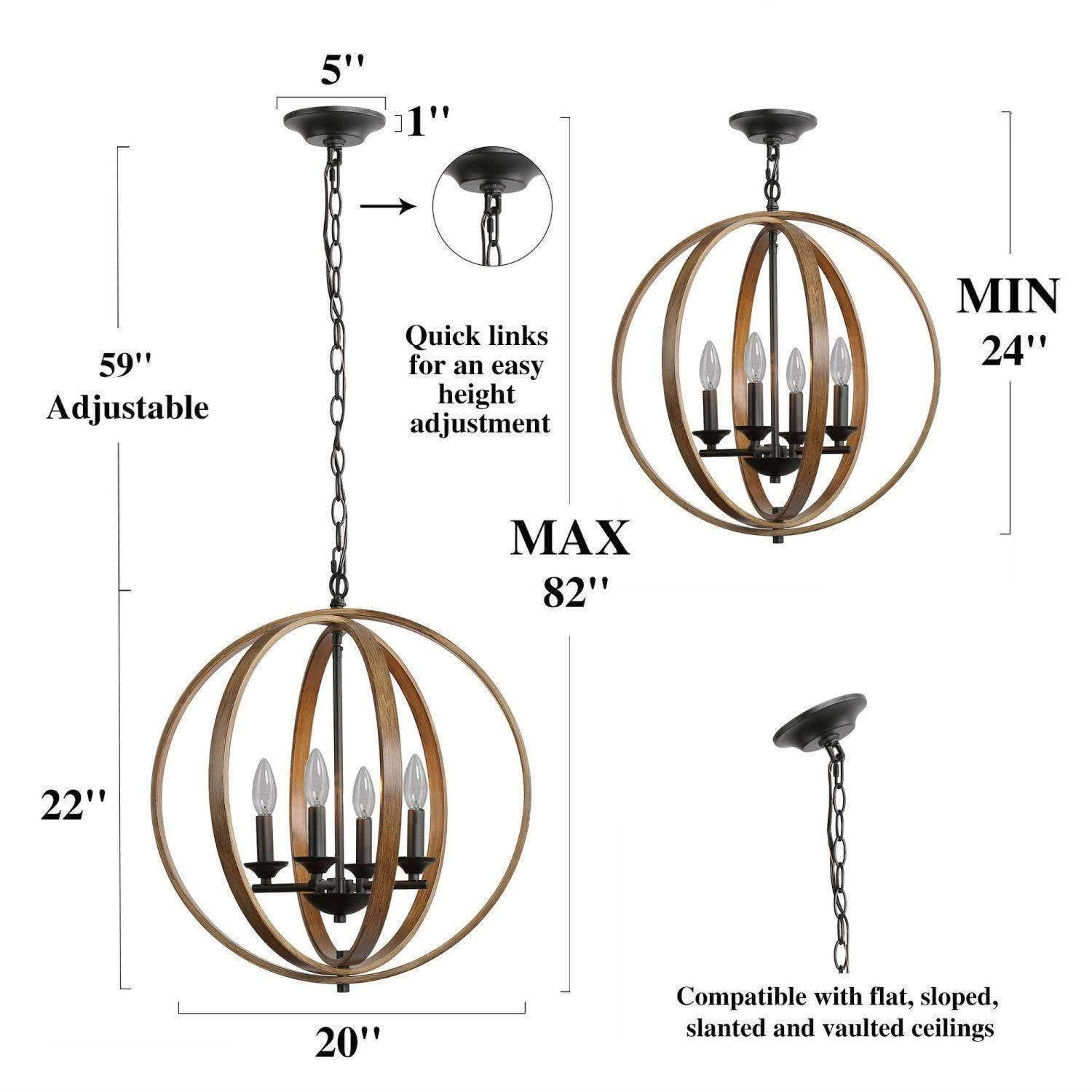 LNC 20" Farmhouse Globe Chandelier with E12 Base, Wood Grain and Black Metal Finish