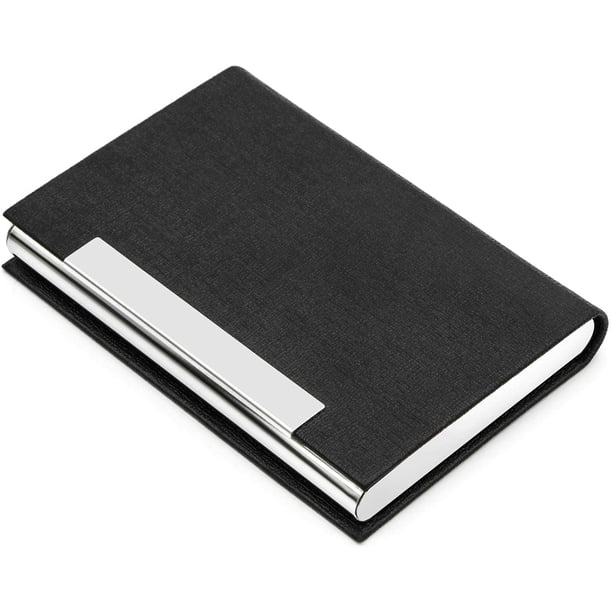 Tarjetero para tarjetas de visita, tarjetero profesional de piel sintética y acero inoxidable, tarjetero para tarjetas de visita, cartera para tarjetas de crédito, tarjetero para hombres y mujeres. (Negro) JM