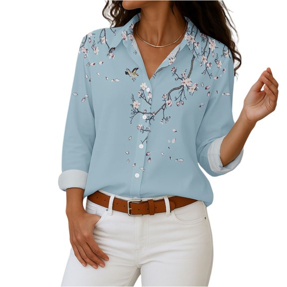WTOBBY Plus Size Women's Floral Print Button Down Blouse, Long Sleeve Casual Shirt Collar Top, Comfort Fit with Soft Fabric for Daily Fashion Wear,Sky Blue L