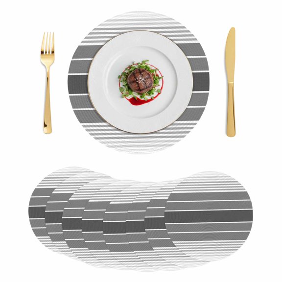Gradient Grey Striped Round 15 Inch Placemats Set of 8, Simple Farm Stripes Minimalist HeatResistant Non Slip Place Mats for Dining Table, Wipeable Braided Kitchen Table Mats for Housewarming