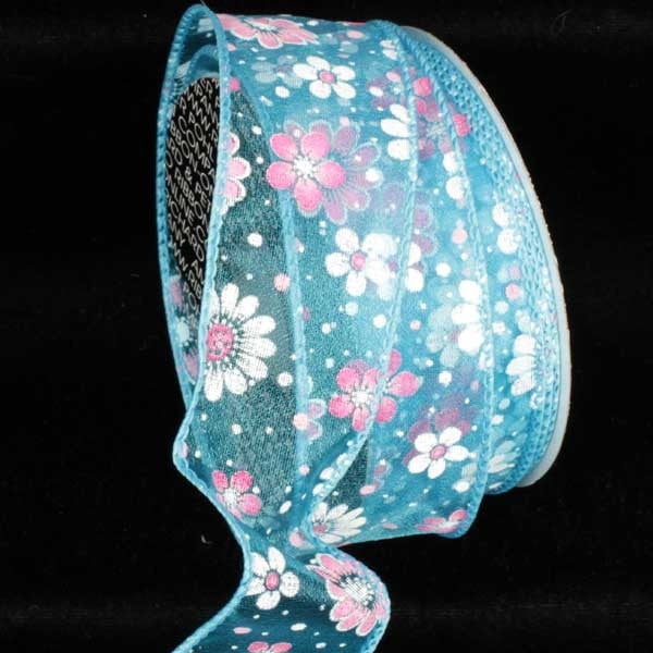 The Ribbon People Turquoise Blue Gerbera Daisy Wired Craft Ribbon 1.5" x 40 Yards