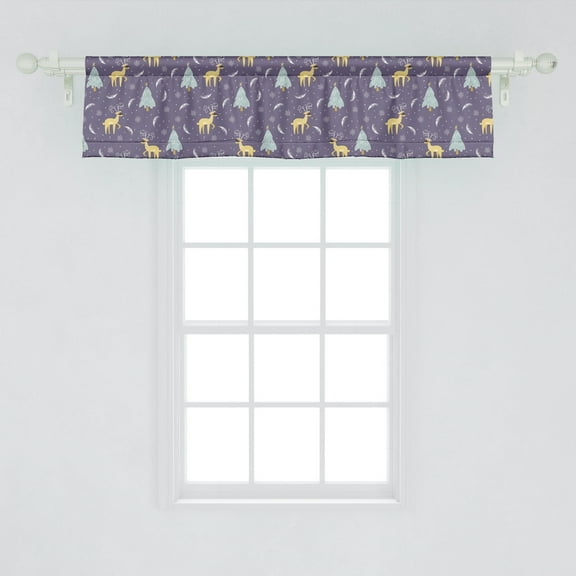 Christmas Window Valance, Christmas Themed Winter Snow Feather Deer and Pine Tree Composition, Curtain Valance for Kitchen Bedroom with Rod Pocket, 54" X 12", Mustard and Purple Grey, by Ambesonne