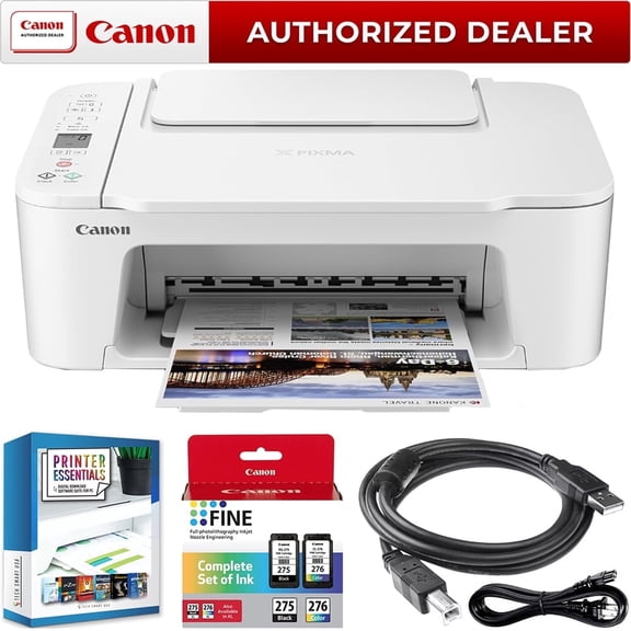 Canon PIXMA TS3720 Wireless All-in-One Printer with Auto Document Feeder, Mobile Printing, Copy, Fax and Scanner White 6671C022 Bundle with Monoprice Printer Cable and Small Business Software Kit
