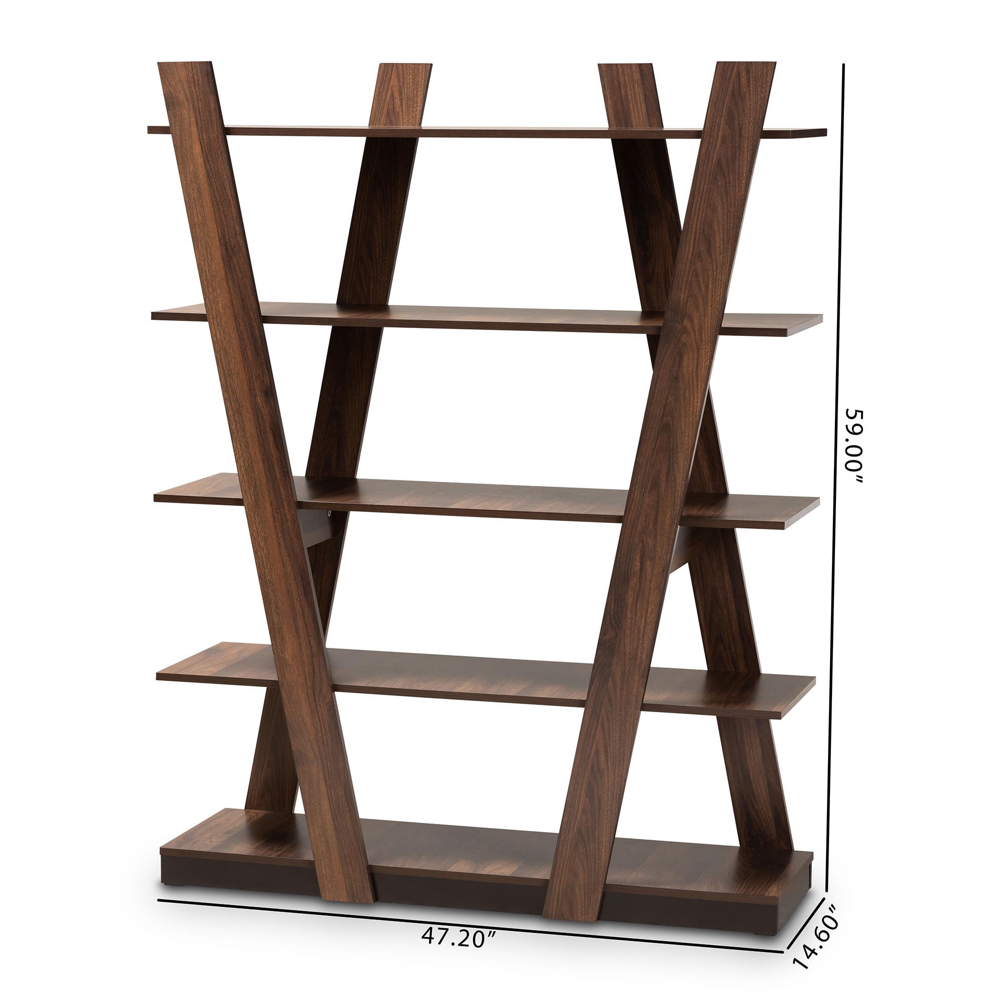 Baxton Studio Michio Modern and Contemporary Walnut Brown Finished 5-Tier Wood Geometric Living Room Display Shelf