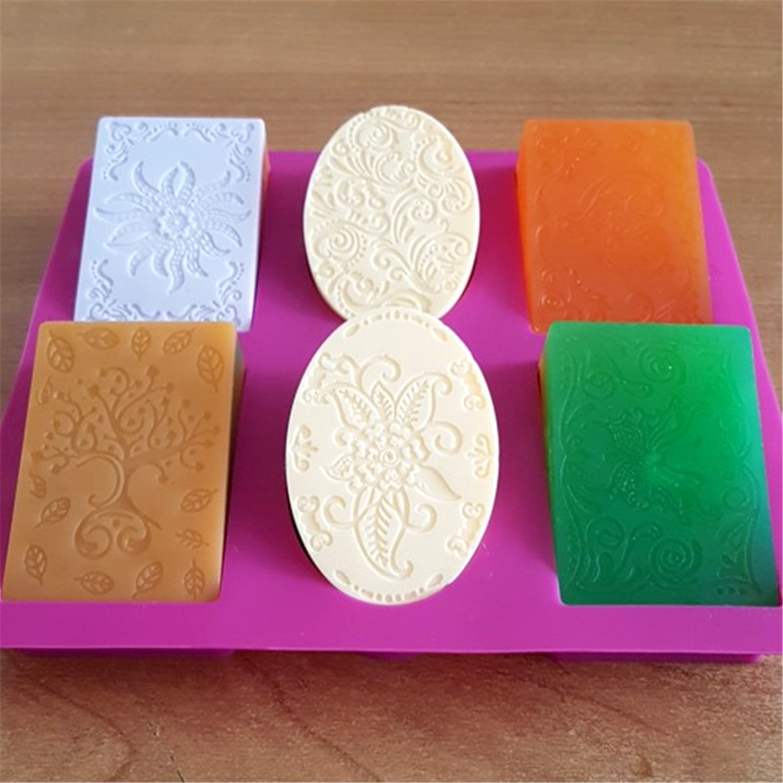 6 Cavities Silicone Soap Molds Oval Square Mould with Mixed Flower Patterns  DIY Handmade Craft Cake Mousse Chocolate Making Tool