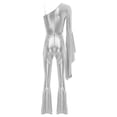 thumbnail image 4 of inlzdz Womens Shiny Metallic Disco Outfits One Shoulder Flared SlJumpsuits Silver XL, 4 of 5