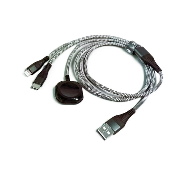 3-in-1 Black Nylon Braided Travel Charger Cable 4FT – Multi USB Charging Cord Compatible with Digital iWatch, iPhone 16-12, Type-C & Android – Portable Fast Charging Cable for Home, Car & Travel