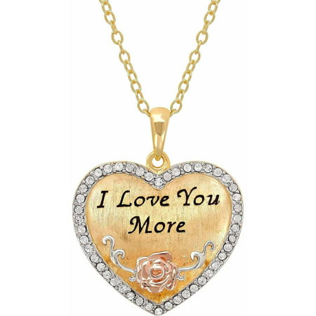 Sterling Silver and 18K Gold Plate Crystal Border I Love You More Heart Pendant, 18