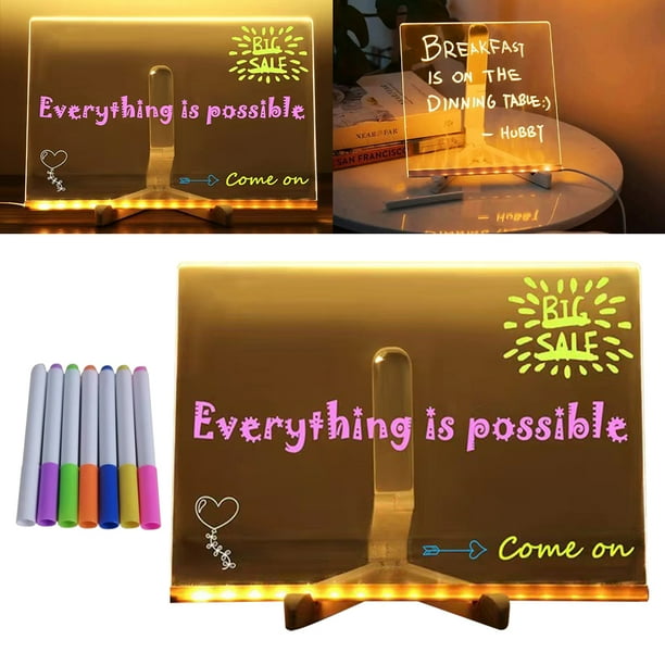 Tablero Escritura Transparente Con Letrero Neón Borrable Borrado en Seco Iluminado Notas LED