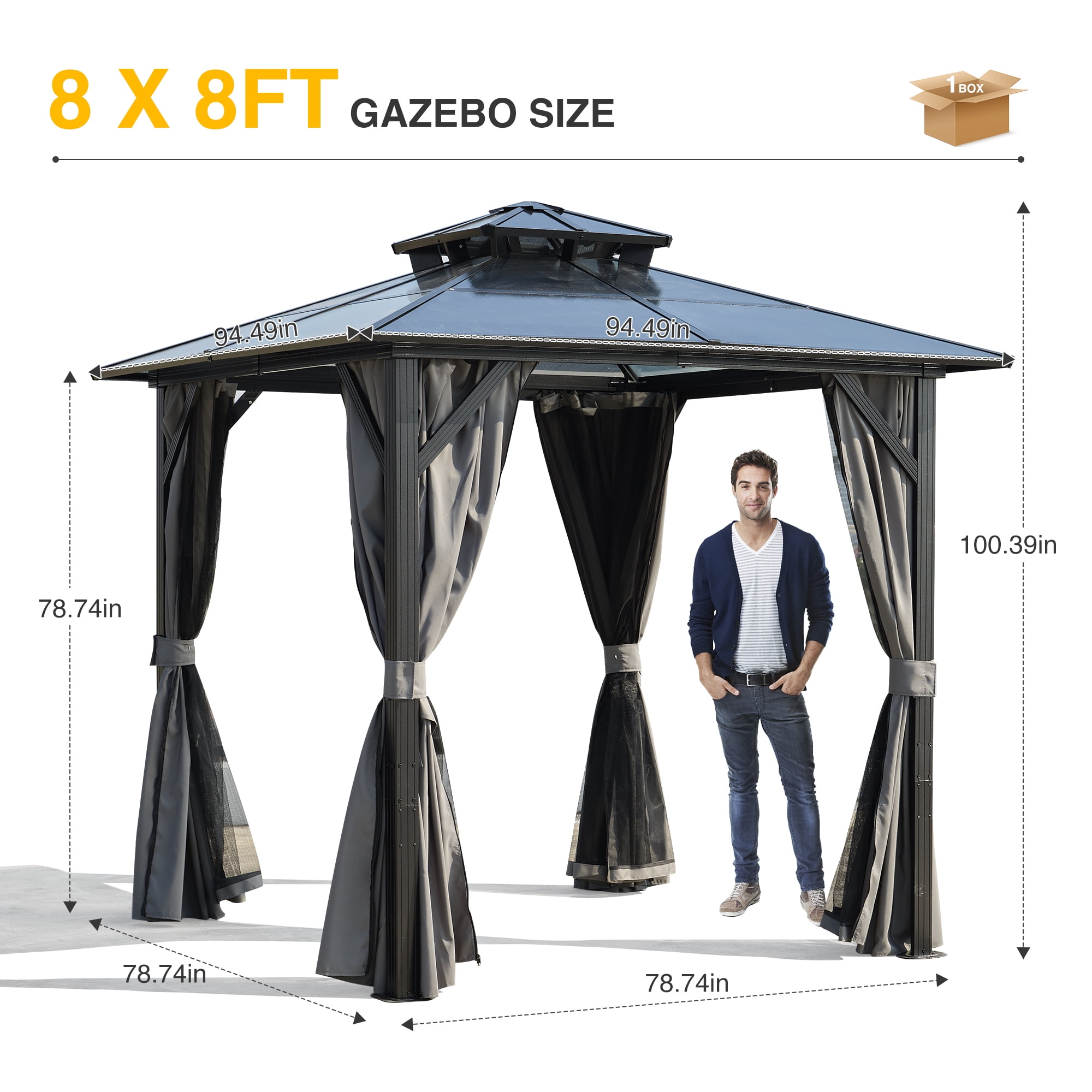 8x8 FT Outdoor Hardtop Grill Canopy, Polycarbonate Top BBQ Shelter Tent with Storage Hooks for Lawn Garden, Grey