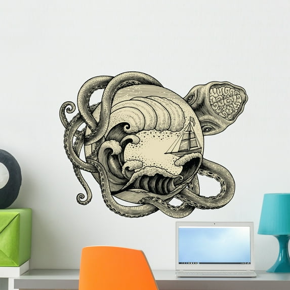 Giant Octopus Attacking Ship Wall Decal Wallmonkeys Peel and Stick Graphic (24 in H x 24 in W) WM502878