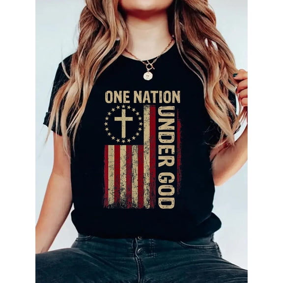 Cotton One Nation Under God Flag 4th of July Patriotic Christian T-Shirt Women's Graphic Tee Casual Tops