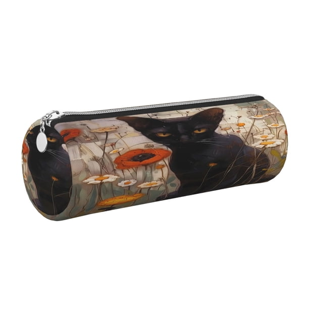 Easygdp Black Cat in Wildflowers para Estuche de Lápices Cilíndrico de Cuero con Cremallera, Organizador de Lápices de Cuero para Escuela, Oficina y Viajes