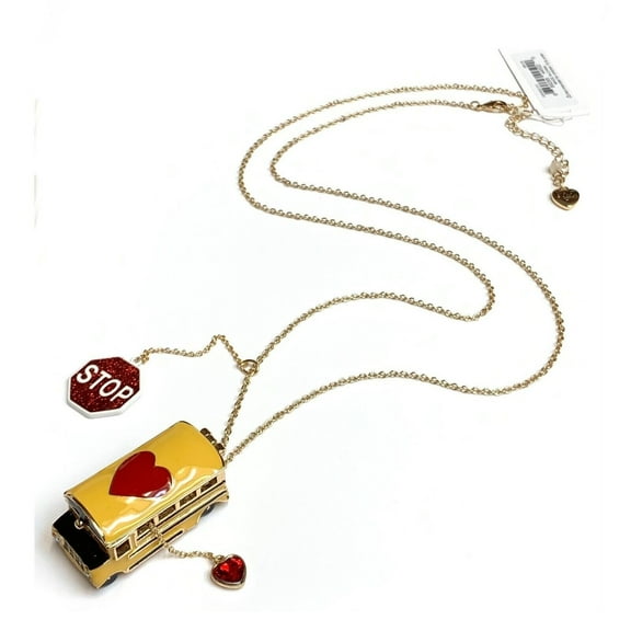 NEW BETSEY JOHNSON GOLD TONE SCHOOL BUS WITH DANGLE STOP SIGN AND HEART NECKLACE