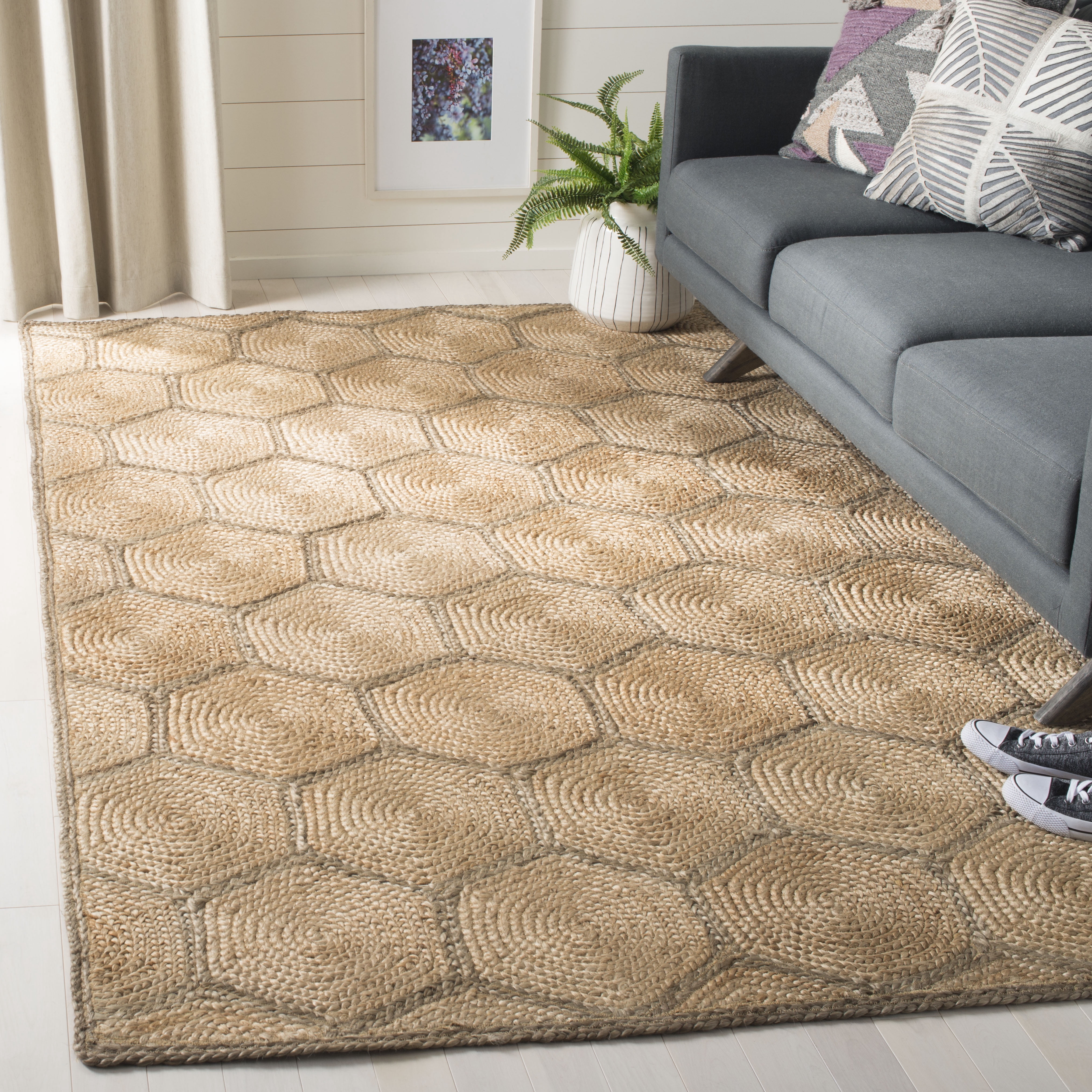 SAFAVIEH Natural Fiber Barrett Geometric Area Rug, Natural/Grey, 4' x 4' Square