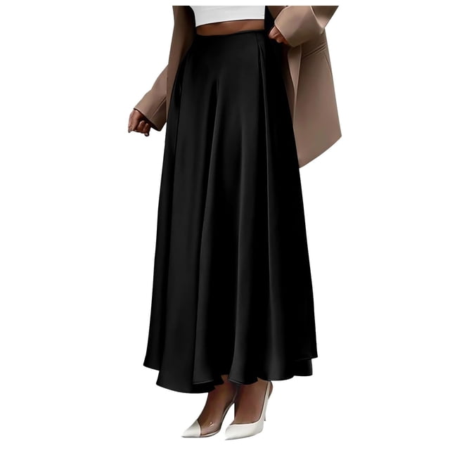 Falda larga de satén de cintura alta y corte A para mujer - 2025 Vestido elegante de cóctel para verano y otoño - Cintura elástica en la espalda, S-XL
