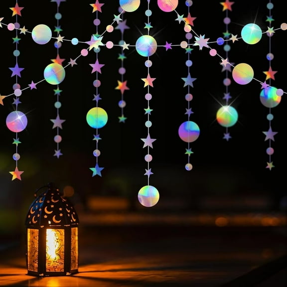 Topboutique Iridescent Party Decorations Holographic Star Garland Star Circle Dot Paper Garland Metallic Glitter Backdrop Banner Bunting Streamer for Christmas Birthday New Year,13 ft*3 Pcs