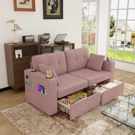 Modern 2 Seater Sofa with USB Charging, Chenille Couch with Storage and Cup Holder for Living Room Apartment, Pink