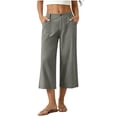 thumbnail image 3 of VBVC Women's Cotton Linen High Waisted Capri Pants , Wide Leg Work Beach Cropped Trousers For Women , Ladies' Button Fly Breathable Pants with Pockets,Gray,S-2XL, 3 of 8
