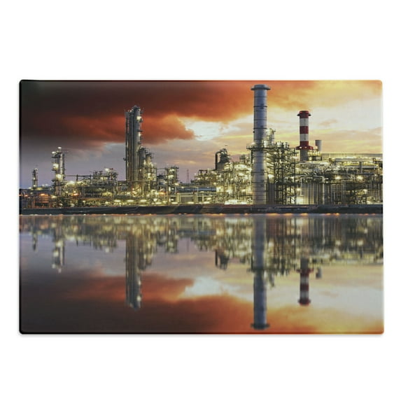 Industrial Cutting Board, Oil Refinery Petrochemical Industry Water Reflection and Dramatic Sky Twilight, Decorative Tempered Glass Cutting and Serving Board, Large Size, Multicolor, by Ambesonne