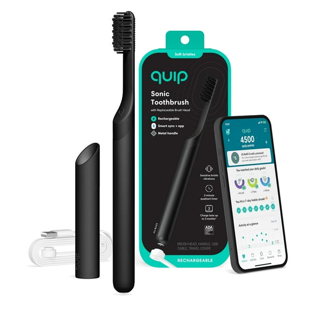 Quip Cepillo de dientes sónico inteligente recargable para adultos - Cepillo de dientes eléctrico temporizado con Bluetooth y aplicación de recompensas - Cabezal de cepillo reemplazable, cerdas suaves