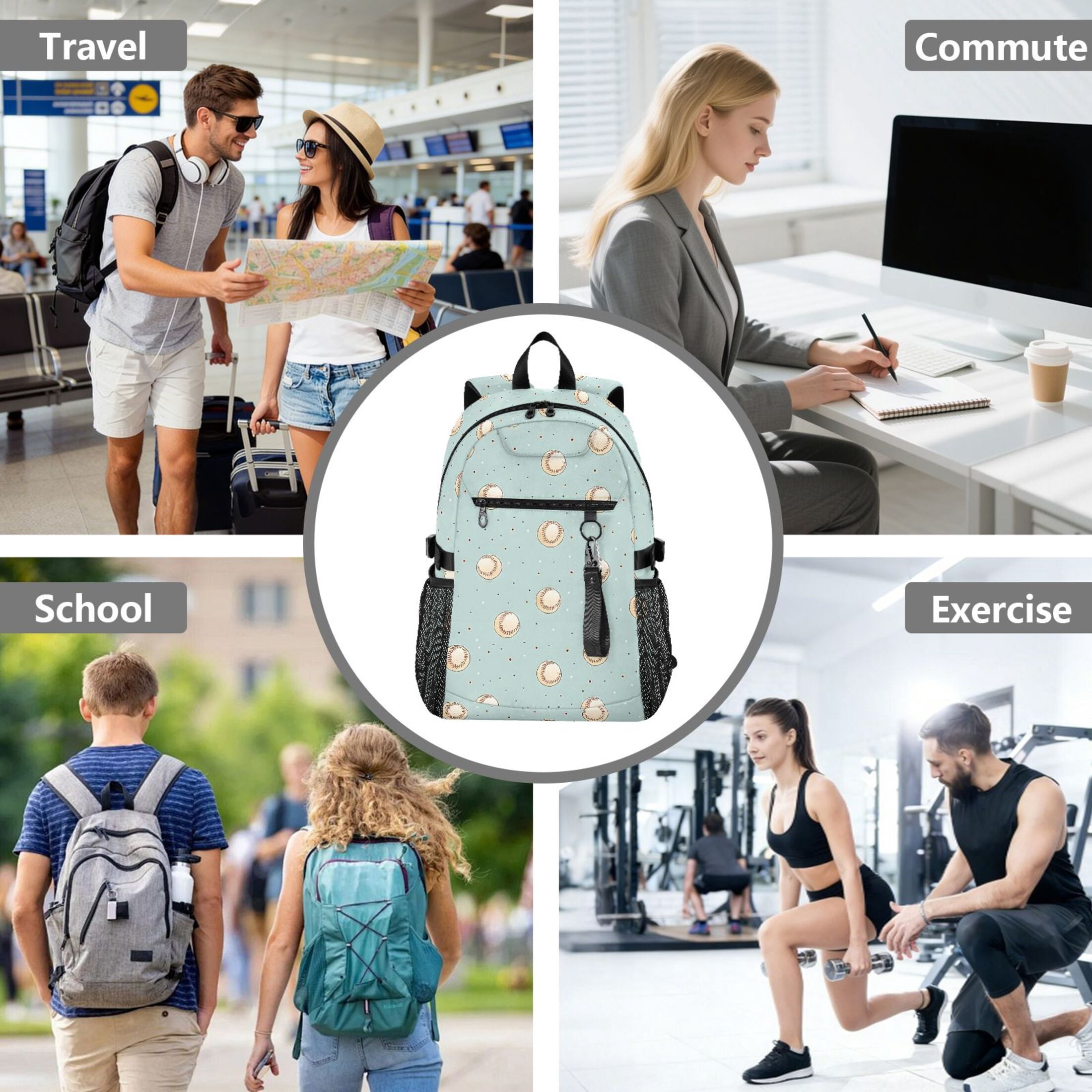 JIALIOU 14" Laptop Backpack Waterproof Airline Approved Stylish Casual Daypack for Travel Business College Work, Cute Little Baseballs