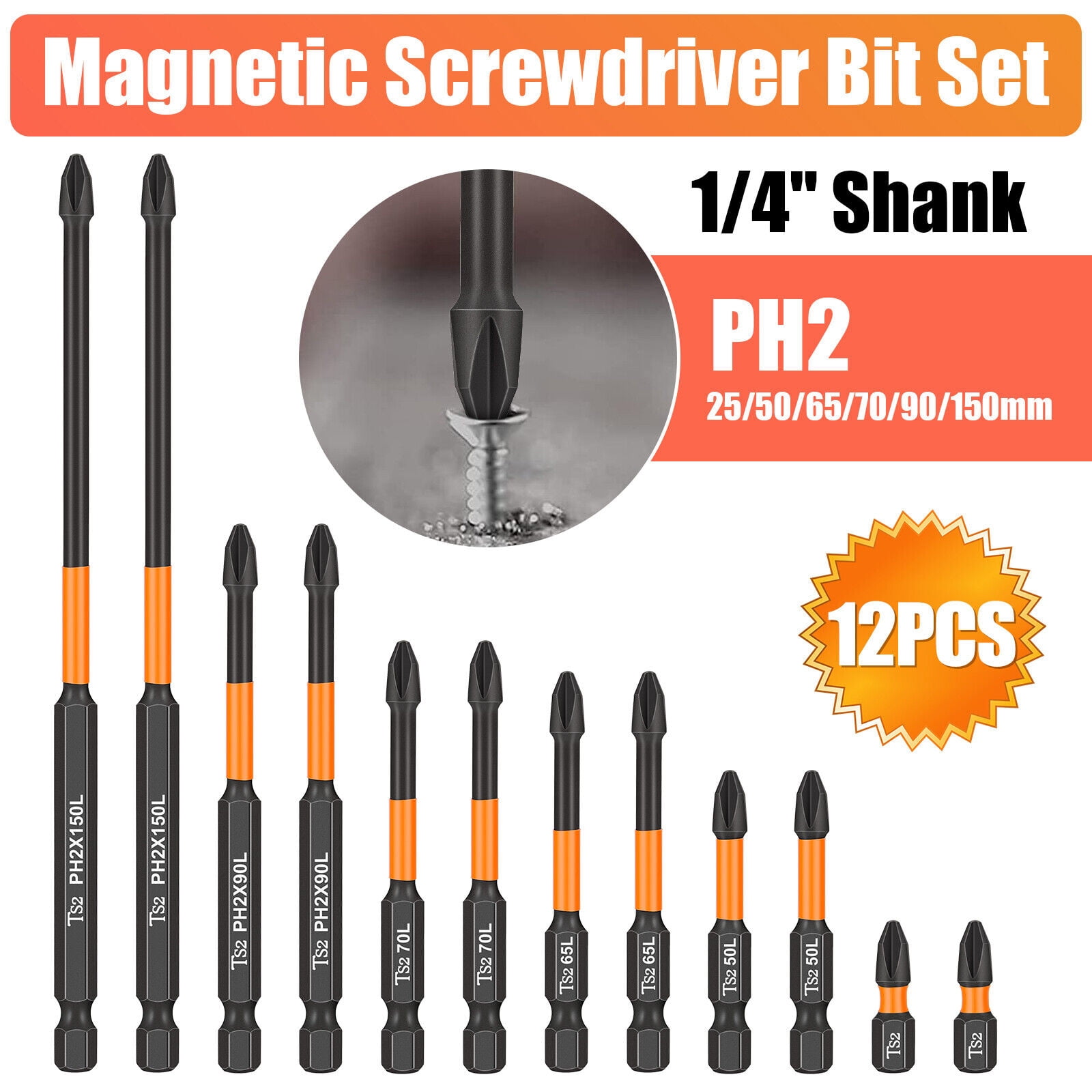 12Pcs PH2 Magnetic Screwdriver Drill Bits 1/4” Hex-Shank Strong