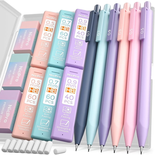 shiyou-6PCS Pastel Mechanical Pencil Set, 0.5 & 0.7 & 0.9 mm with 6 Tubes HB Lead Refill, 3PCS Eraser and 9PCS Eraser Refill for Student Writing Drafting, Drawing, Sketching-with Cute Case