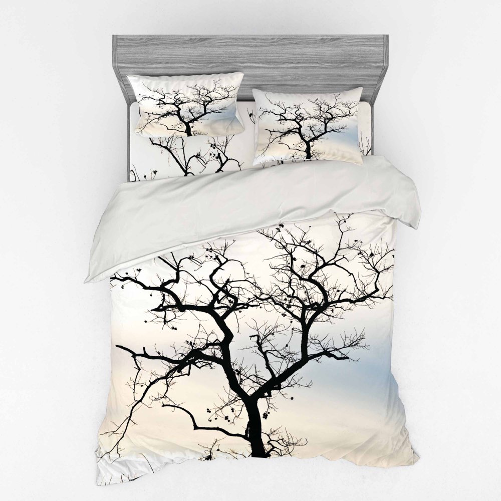 Forest Duvet Cover Set, Fall Tree Black Branches Art Print Black and White Themed Silhouette