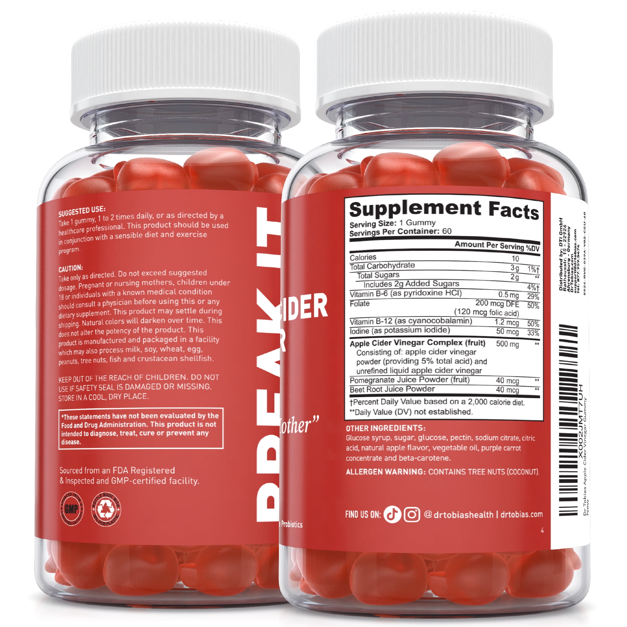 Dr. Tobias Apple Cider Vinegar Gummies, Includes 500 mg Apple Cider Vinegar With Mother, Folate, B12 & Iodine, Supports Gut Health, Cleanse & Detox, Vegan & Gluten-Free, 120 Gummies