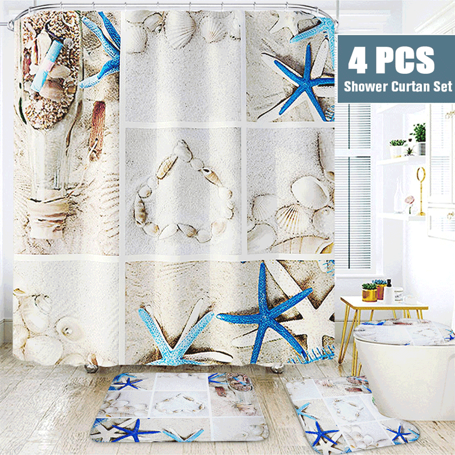 4 Pcs Shower Curtain Sets Floral Modern Luxury with NonSlip Rug