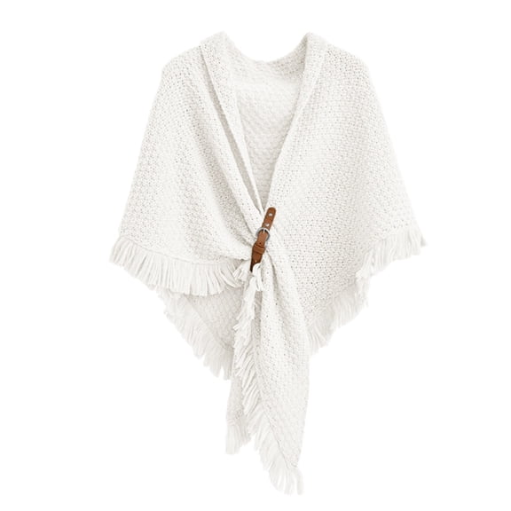 TELOLY White Open Front Knitted Poncho Sweater for Women, Pashmina Blend Blanket Cape Scarf with Fringe, Casual Shawl Wrap Cardigan for Daily Wear, Travel, and Party