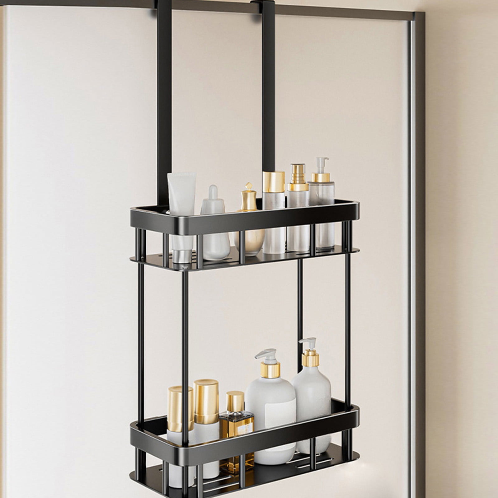 Amacok 1/2 Tiers Hanging Shower Caddy Over The Door Shower Organizer Stainless Steel Bathroom Storage Rack with Hook and Basket Hangers Black