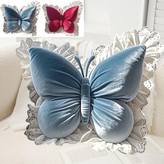 Cojín Decorativo con Mariposas | Cojín Lumbar de Terciopelo Azul | 50 X 40 Cm | Decoración Elegante para Sofá, Cama, Silla de Oficina o Asiento de Coche