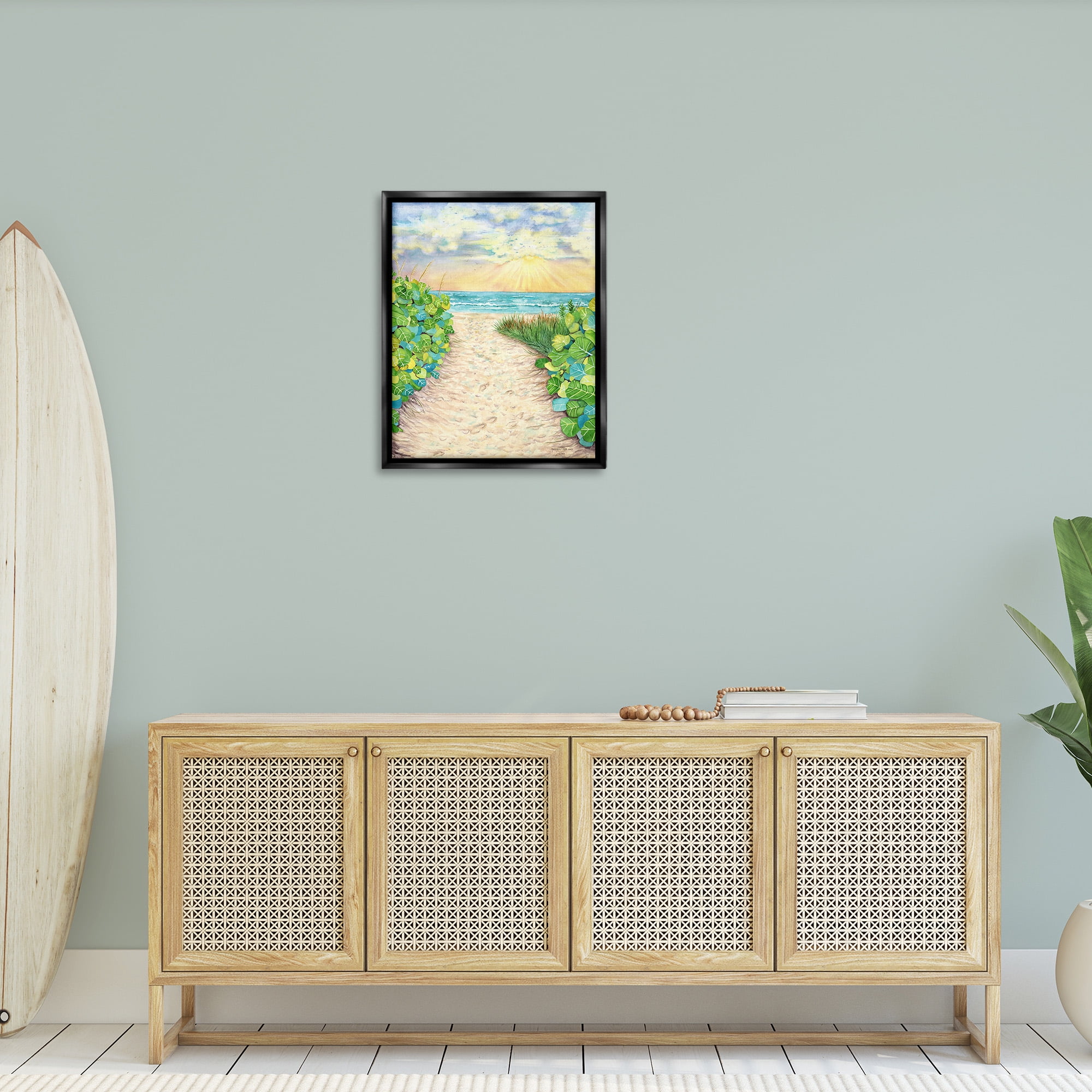 Stupell Industries Lush Beach Botanicals Landscape Painting Black Floater Framed Canvas Art Print Wall Art, 25 x 31