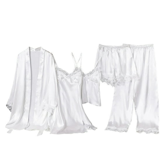 Agkizg Fall Women's Pajama Sets,Silk Pajamas for Women Set,Suspenders Printed Tops Shorts Nightdresses Four-piece Suit Clothes Pajamas Set