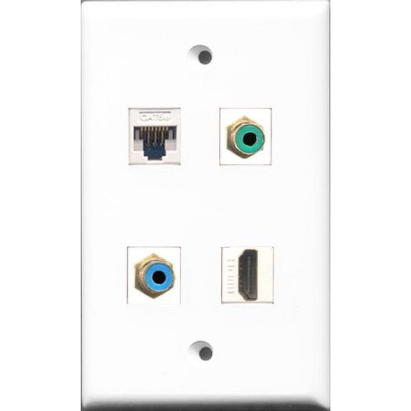 RiteAV 1 Port HDMI and 1 Port RCA Green and 1 Port RCA Blue and 1 Port Cat5e Ethernet White Wall Plate