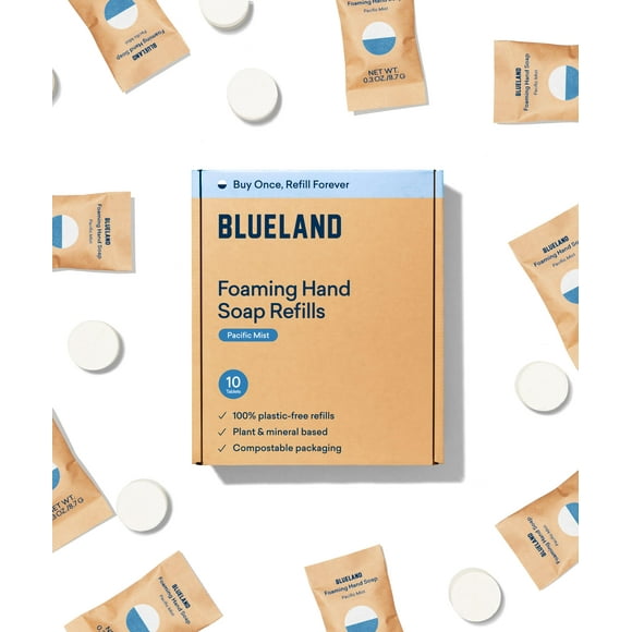 BLUELAND Foaming Hand Soap Refills - 10 Pack Tablets, Pacific Mist Scent, Eco Friendly Hand Soap and Cleaning Products - Makes 10 x 9 Fl oz bottles (90 Fl oz total)