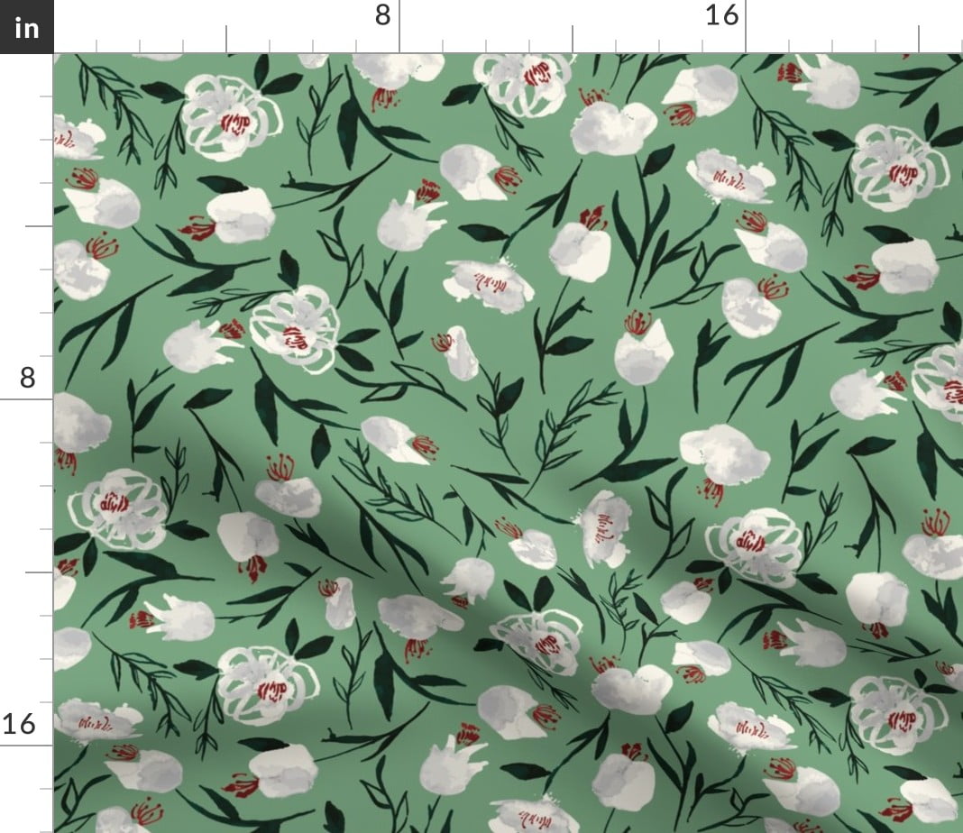 Sage Green Floral White Flowers Branches Fabric Printed by Spoonflower