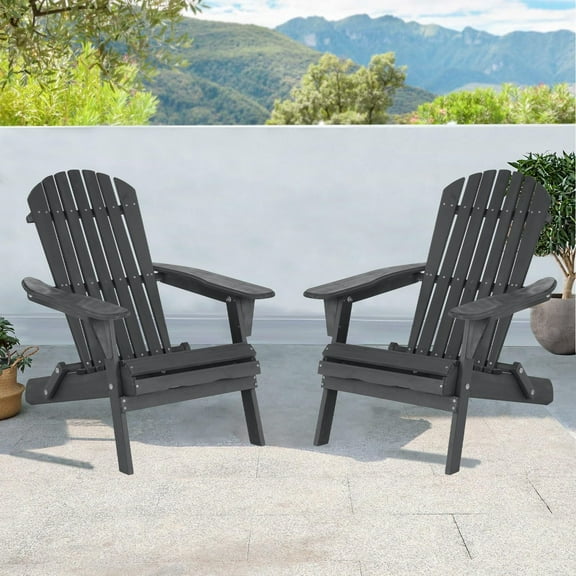 Dkelincs Folding Adirondack Chair Set of 2, All-Weather Lawn Chairs with Wide Armrest Solid Wood Accent Lounge Chair Outdoor Patio Deck Fire Pit Chair, 350 lbs, Gray