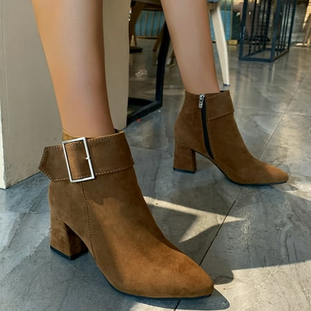 

Midewhik Suede Fashion Thick Boots Heel Women s Ankle Buckle Belt Zipper Pointed women s boots